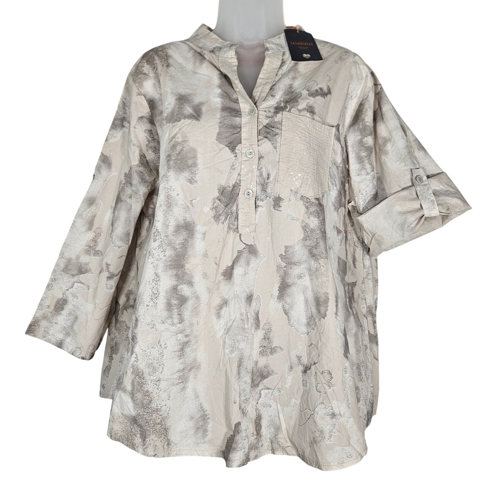 Marisima Tunic Top NWT Women One Size Beige Abstract Sequin Pocket Made in Italy